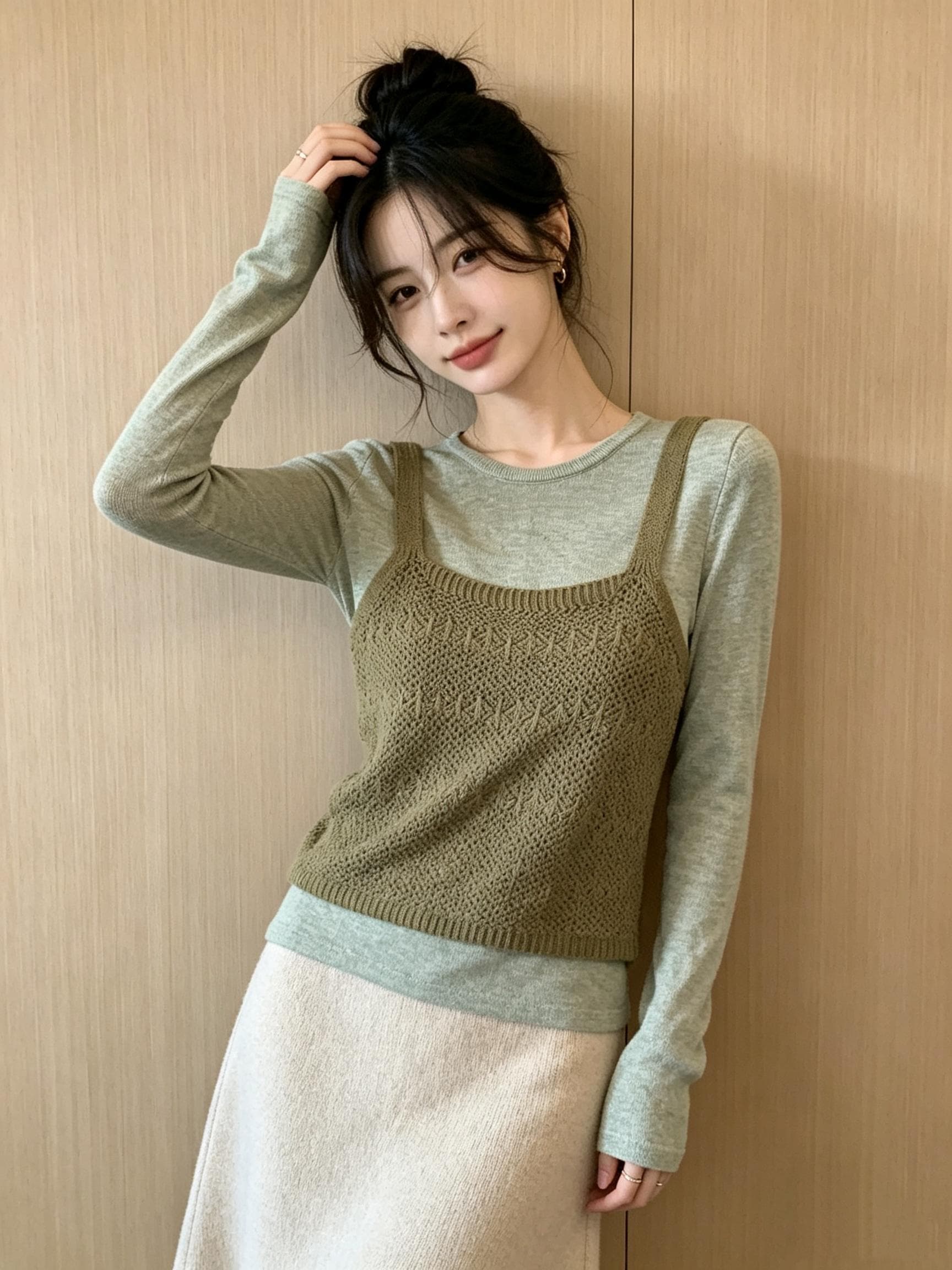 있음 도착 한 부서 홀로우 아웃 니트 슬립 단색 분위기 센스 풀오버 셔츠 다용도 스택 착용 투피스 세트 상세 이미지 3