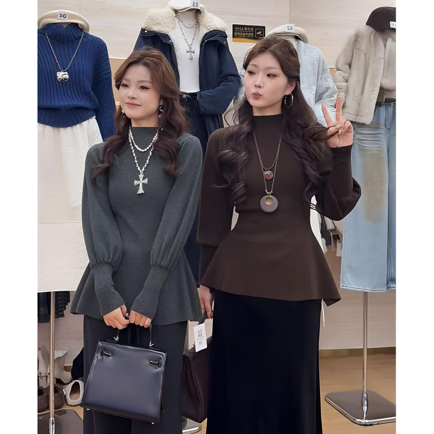 있음 도착 벌룬 소매 니트 스웨터 여성 가을 겨울 새로운 프랑스식 반하이넥 배트윙 소매 허리 수축 스웨터 맨위 여성 상세 이미지 5