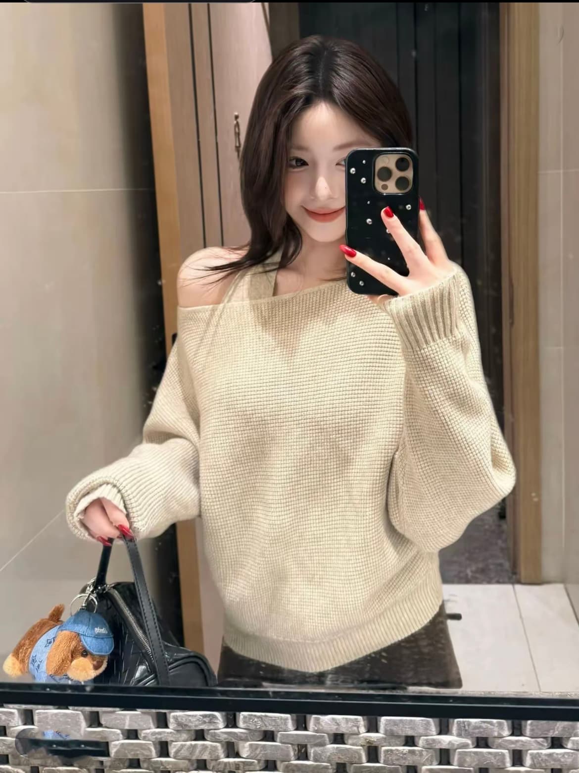 있음 도착 한 인사이드 한 가스 다양한 착용 법 봄 가을 품격 후아 남편 그리드 루즈핏 니트 스웨터 조끼 세트 가을 이미지 3