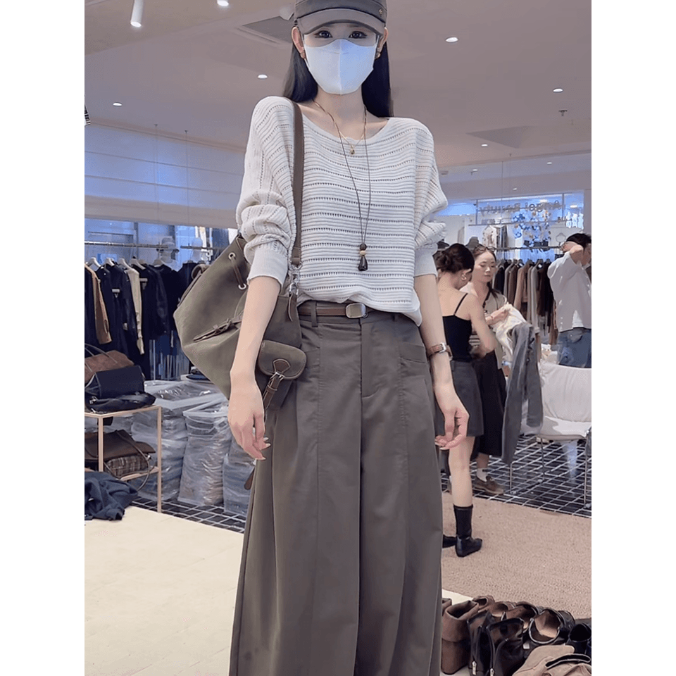 있음 도착 보트넥 홀로우 아웃 니트 맨위 여성 루즈핏 가을 어깨 긴팔 작은 셔츠 느긋한 바람 이른 가을 풀오버 셔츠 상세 이미지 9