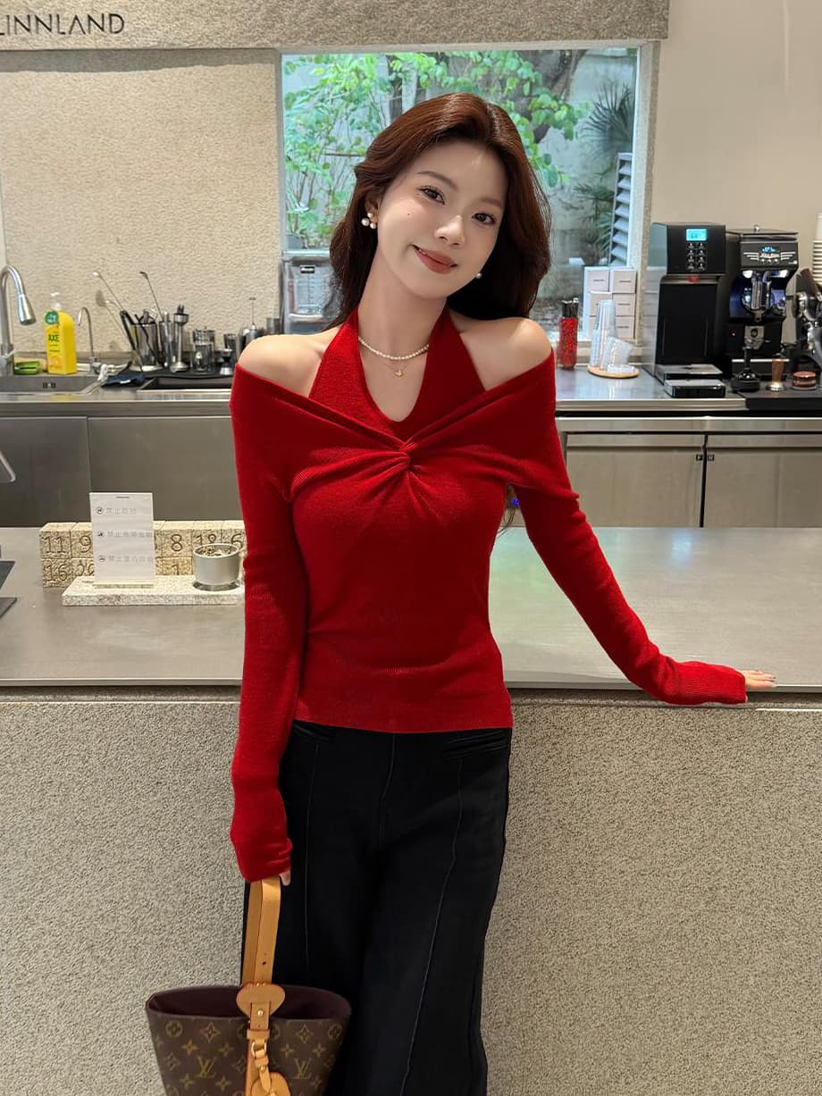 있음 도착 프랑스식 직물 둘 착용 전체 양모 니트 행침 목 맨위 만나는 높음 질감 니트 페이크 레이어드 여성 상세 이미지 5