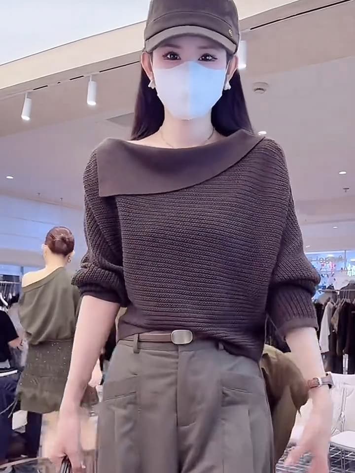 있음 도착 비스듬한 칼라 오프숄더 홀로우 아웃 니트 스웨터 여성 가을 새로운 루즈핏 긴팔 Chic 맨위 상세 이미지 4