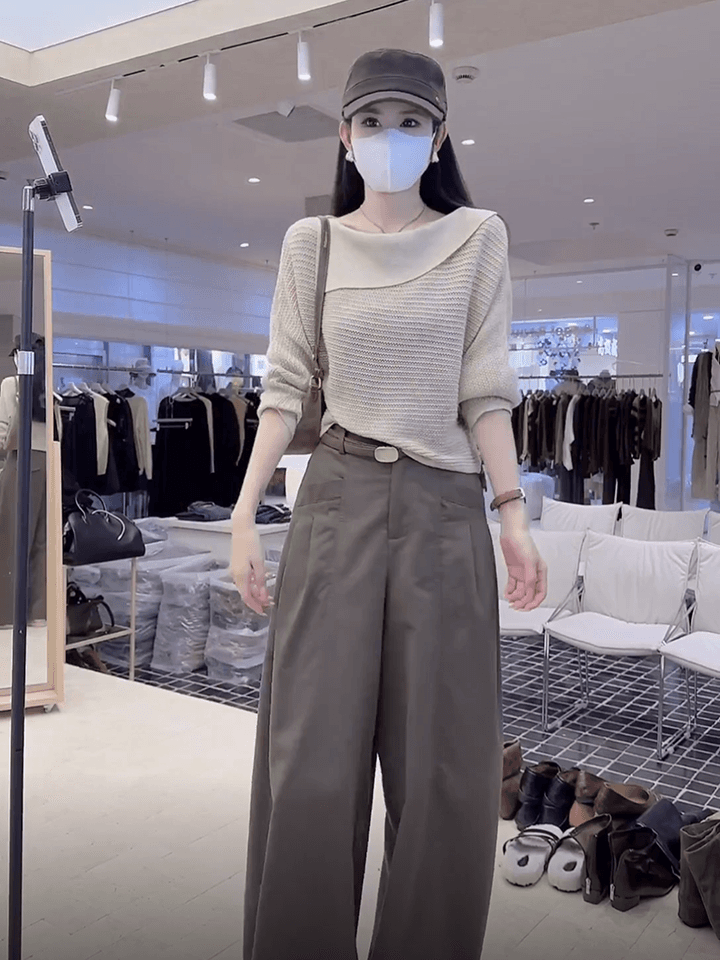 있음 도착 비스듬한 칼라 오프숄더 홀로우 아웃 니트 스웨터 여성 가을 새로운 루즈핏 긴팔 Chic 맨위 상세 이미지 6