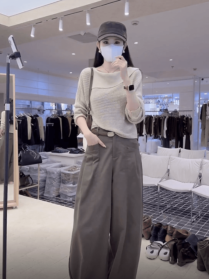 있음 도착 비스듬한 칼라 오프숄더 홀로우 아웃 니트 스웨터 여성 가을 새로운 루즈핏 긴팔 Chic 맨위 상세 이미지 9