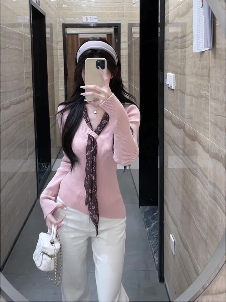있음 도착 로라 스웨터 겨울 한 부서 품격 도트 무늬 리본 V넥 부드러운 스웨터 여자 가을 겨울 이미지 3