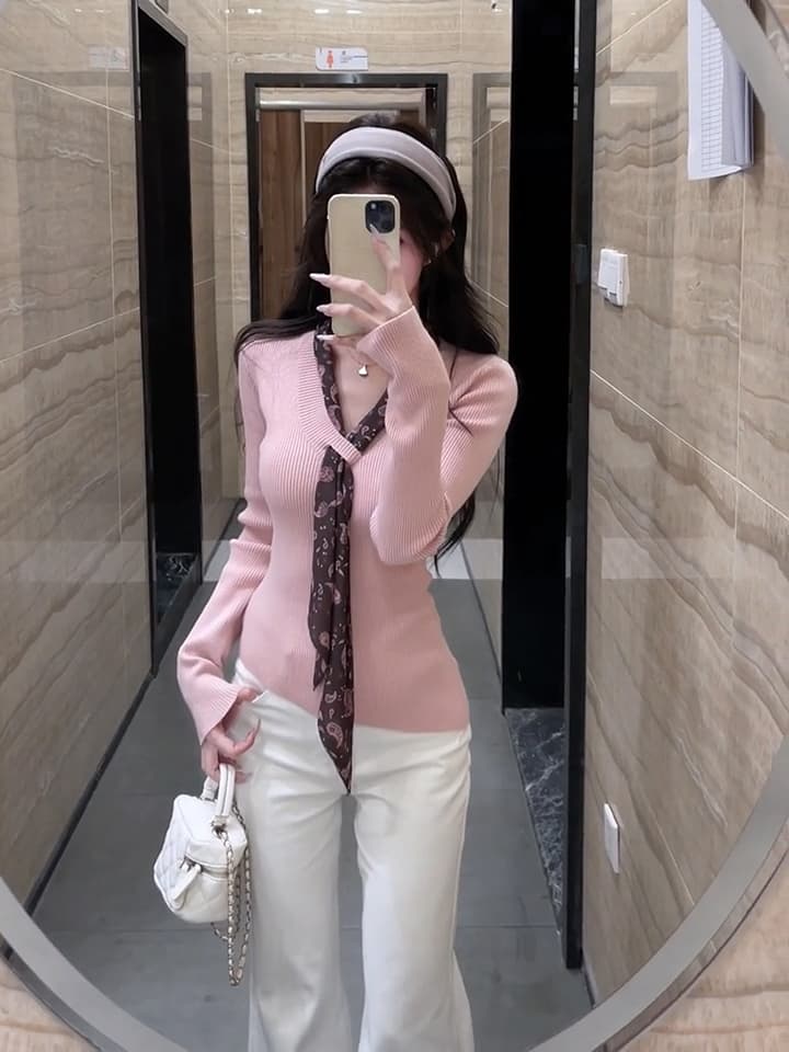 있음 도착 로라 스웨터 겨울 한 부서 품격 도트 무늬 리본 V넥 부드러운 스웨터 여자 가을 겨울 이미지 2