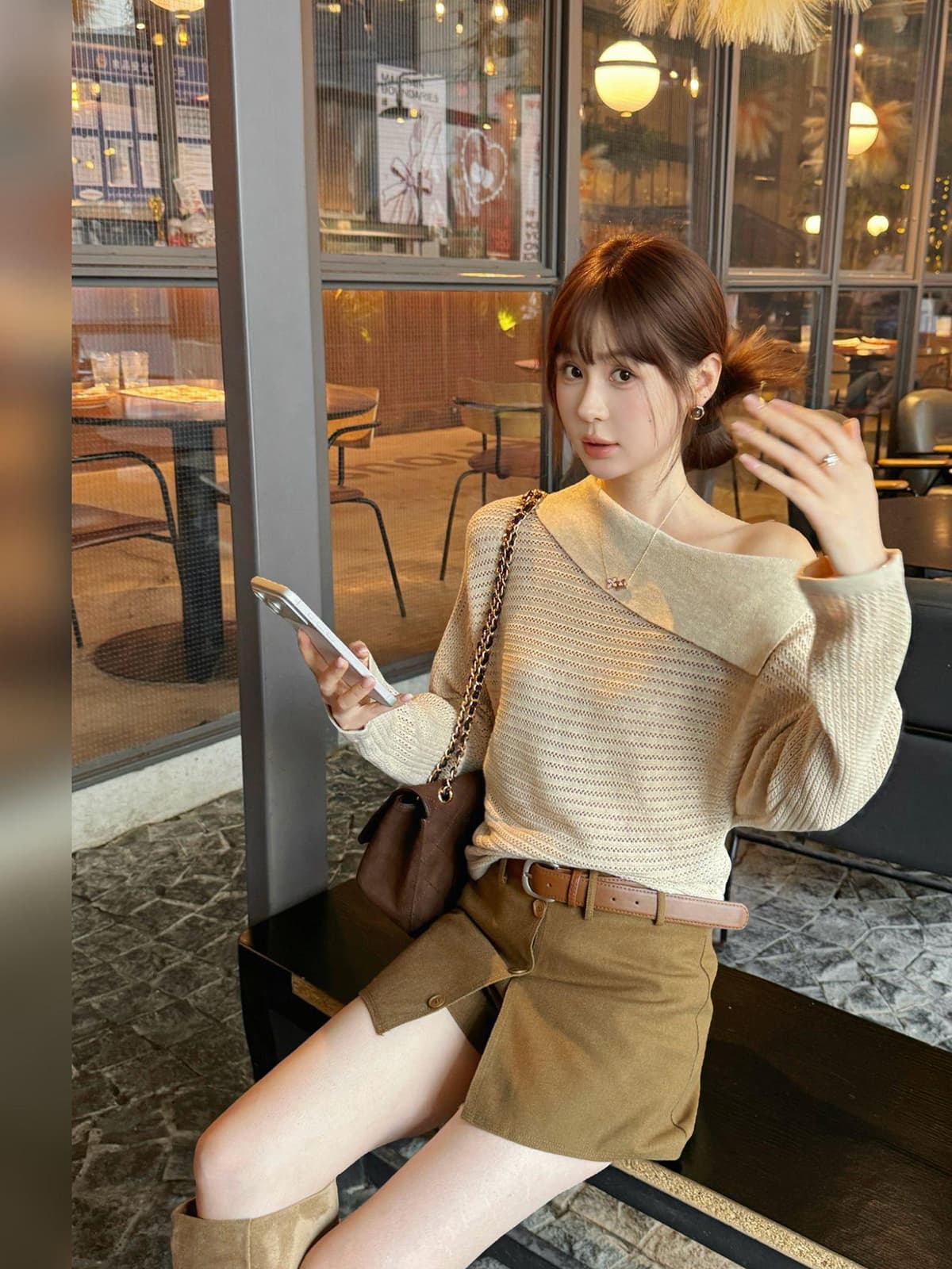 있음 도착 비스듬한 칼라 오프숄더 홀로우 아웃 니트 스웨터 여성 가을 새로운 루즈핏 긴팔 Chic 맨위 상세 이미지 3