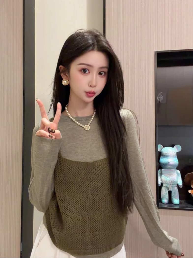 있음 도착 한 부서 홀로우 아웃 니트 슬립 단색 분위기 센스 풀오버 셔츠 다용도 스택 착용 투피스 세트 이미지 4