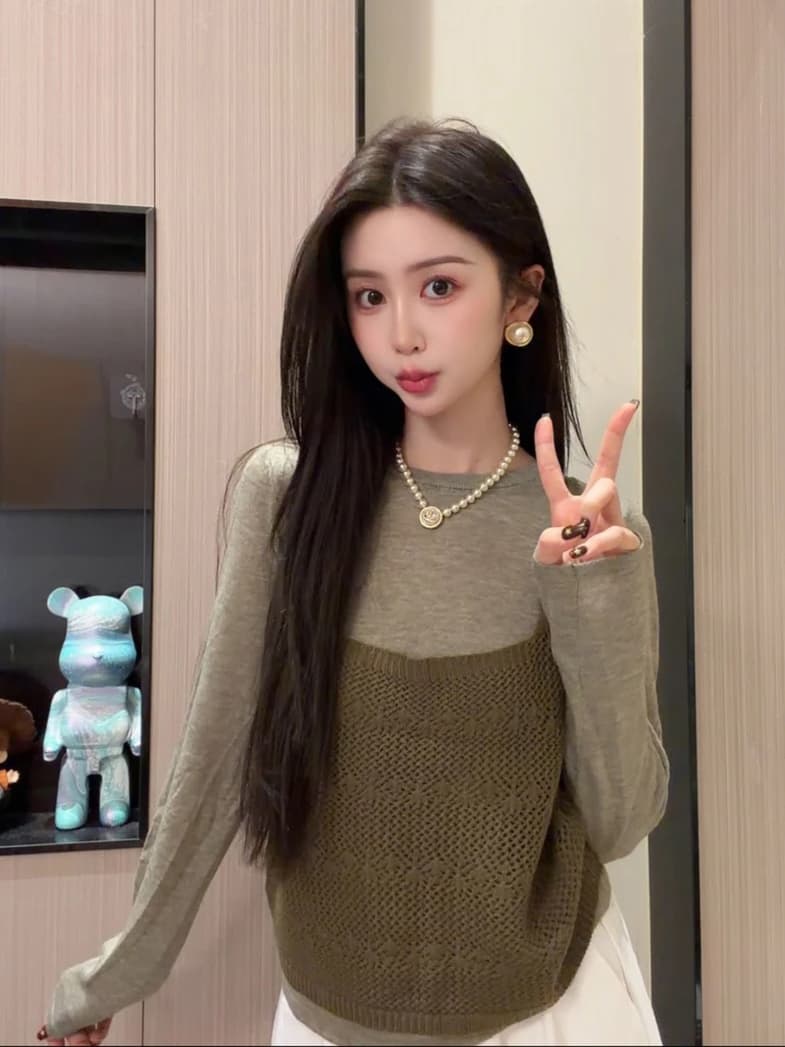 있음 도착 한 부서 홀로우 아웃 니트 슬립 단색 분위기 센스 풀오버 셔츠 다용도 스택 착용 투피스 세트 이미지 2