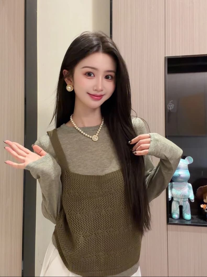 있음 도착 한 부서 홀로우 아웃 니트 슬립 단색 분위기 센스 풀오버 셔츠 다용도 스택 착용 투피스 세트
