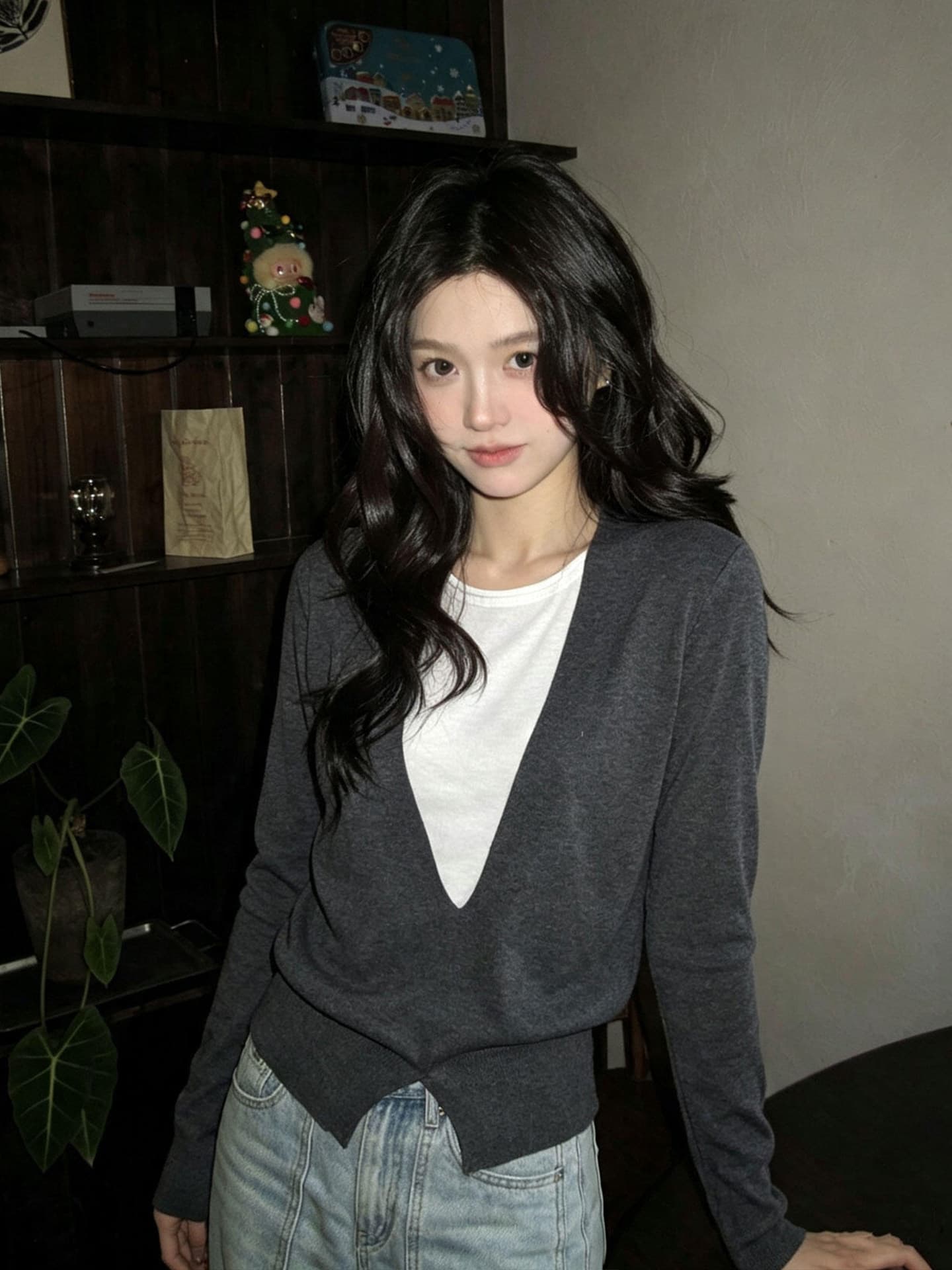있음 도착 디자인 센스 페이크 레이어드 대 u 칼라 양모 니트 스웨터 여성 다용도 슬림해 보이는 맨위 니트 스웨터 상세 이미지 8