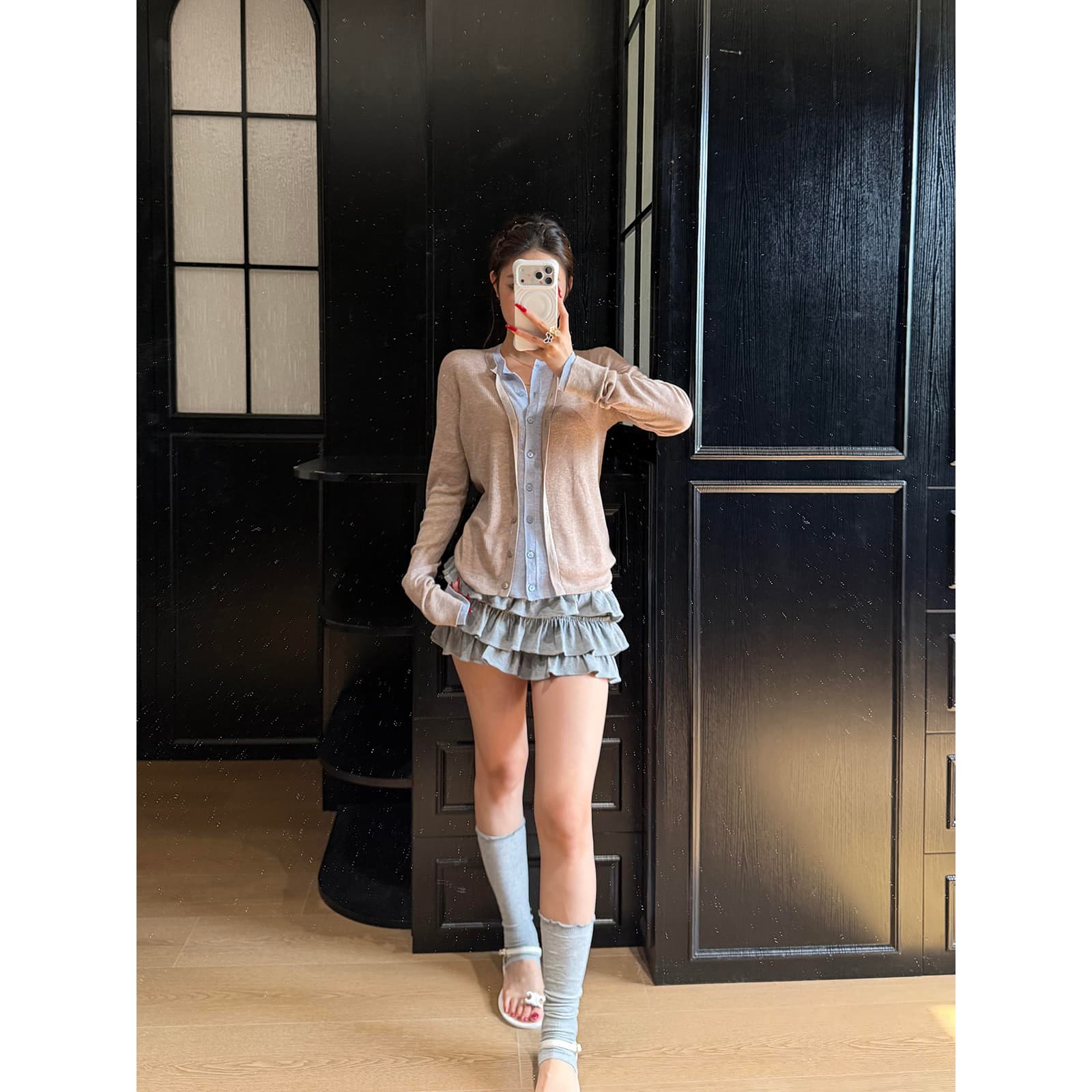 있음 도착 이른 가을 부서 계층의 감각 몸매 가꾸기 맨위 여성 페이크 레이어드 패치워크 색상 양모 니트 오픈 가디건 상세 이미지 1
