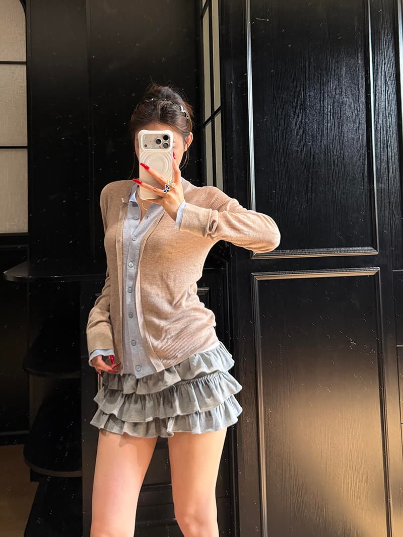 있음 도착 이른 가을 부서 계층의 감각 몸매 가꾸기 맨위 여성 페이크 레이어드 패치워크 색상 양모 니트 오픈 가디건 상세 이미지 3