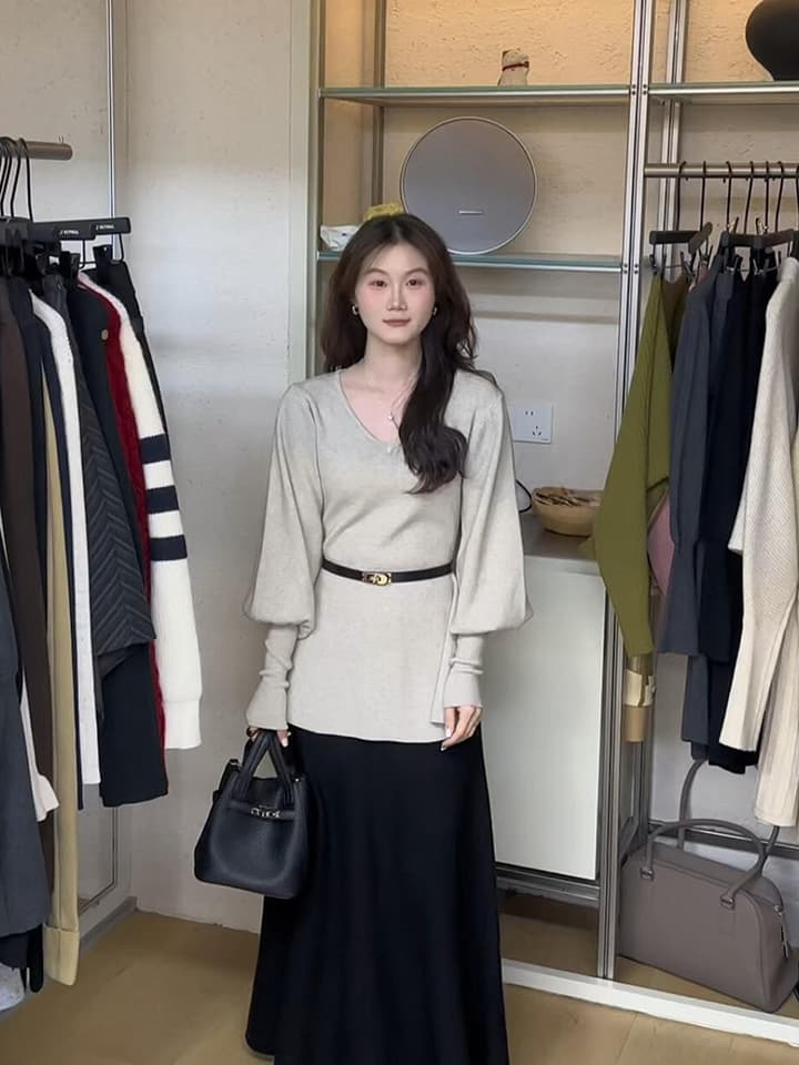 있음 도착 경기 벨트 보라색 라임 공동 가을 겨울 두꺼운 스웨터 여자 새로운 V넥 벌룬 소매 카디건 이미지 5