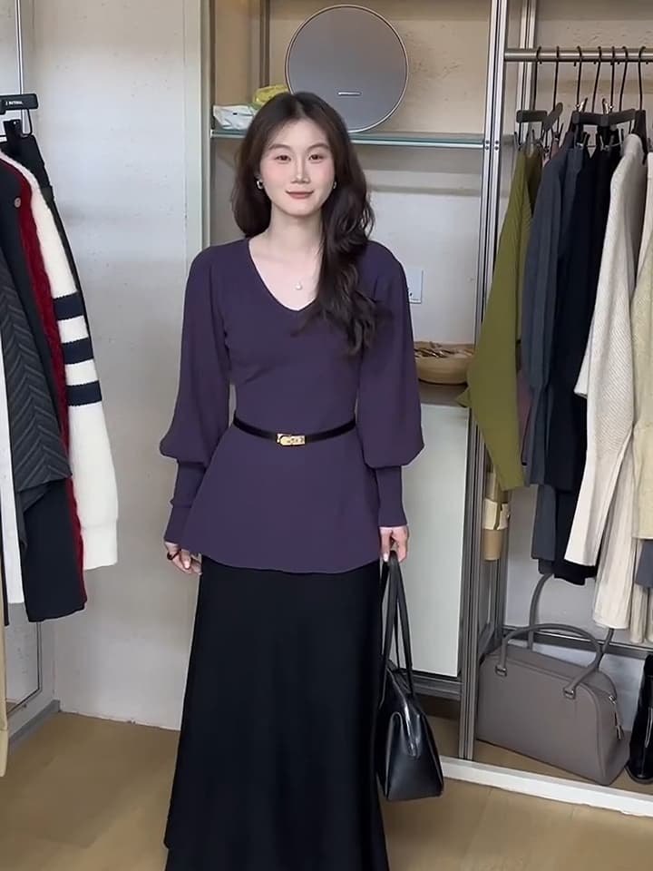 있음 도착 경기 벨트 보라색 라임 공동 가을 겨울 두꺼운 스웨터 여자 새로운 V넥 벌룬 소매 카디건 상세 이미지 1
