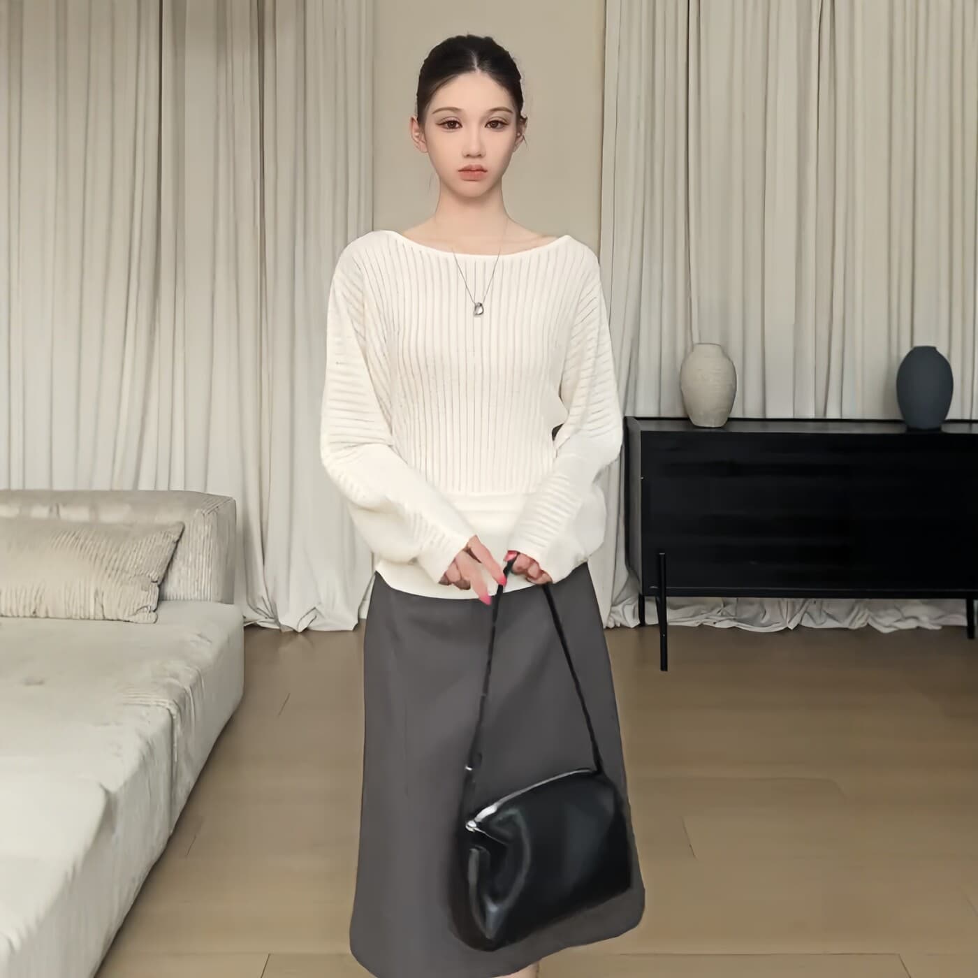 있음 도착 프랑스식 부드러운 바람 오프숄더 디자인 센스 니트 스웨터 여성 이른 가을 한 부서 풀오버 긴팔 품격 맨위 상세 이미지 2