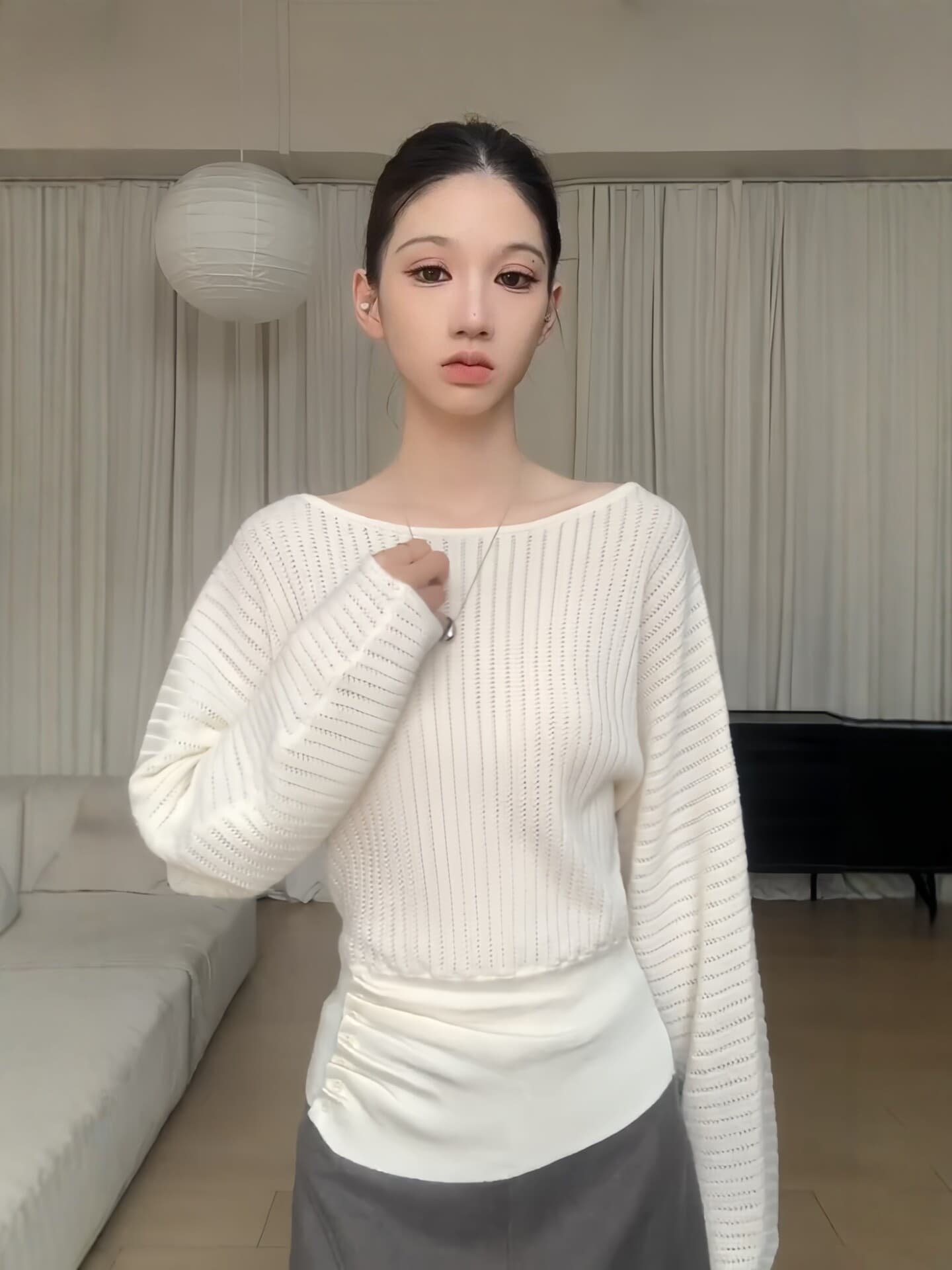 있음 도착 프랑스식 부드러운 바람 오프숄더 디자인 센스 니트 스웨터 여성 이른 가을 한 부서 풀오버 긴팔 품격 맨위 상세 이미지 6
