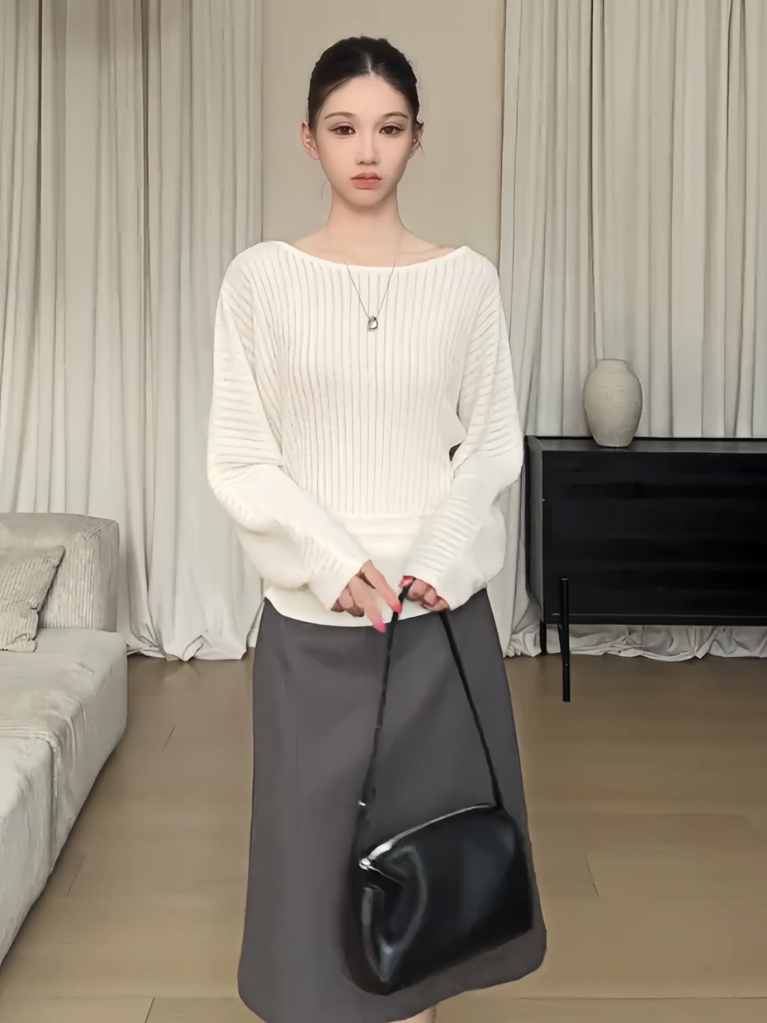 있음 도착 프랑스식 부드러운 바람 오프숄더 디자인 센스 니트 스웨터 여성 이른 가을 한 부서 풀오버 긴팔 품격 맨위 상세 이미지 7
