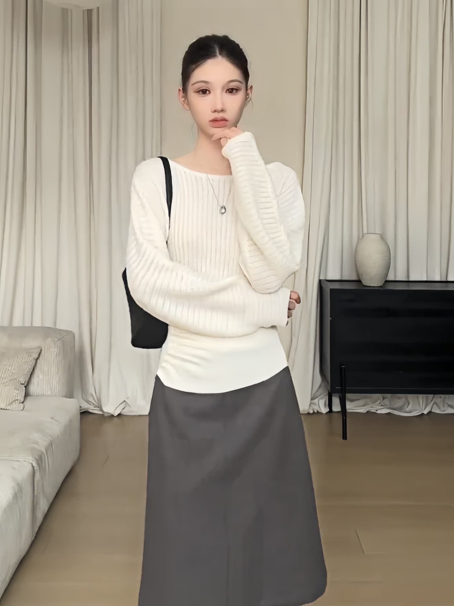 있음 도착 프랑스식 부드러운 바람 오프숄더 디자인 센스 니트 스웨터 여성 이른 가을 한 부서 풀오버 긴팔 품격 맨위 상세 이미지 8