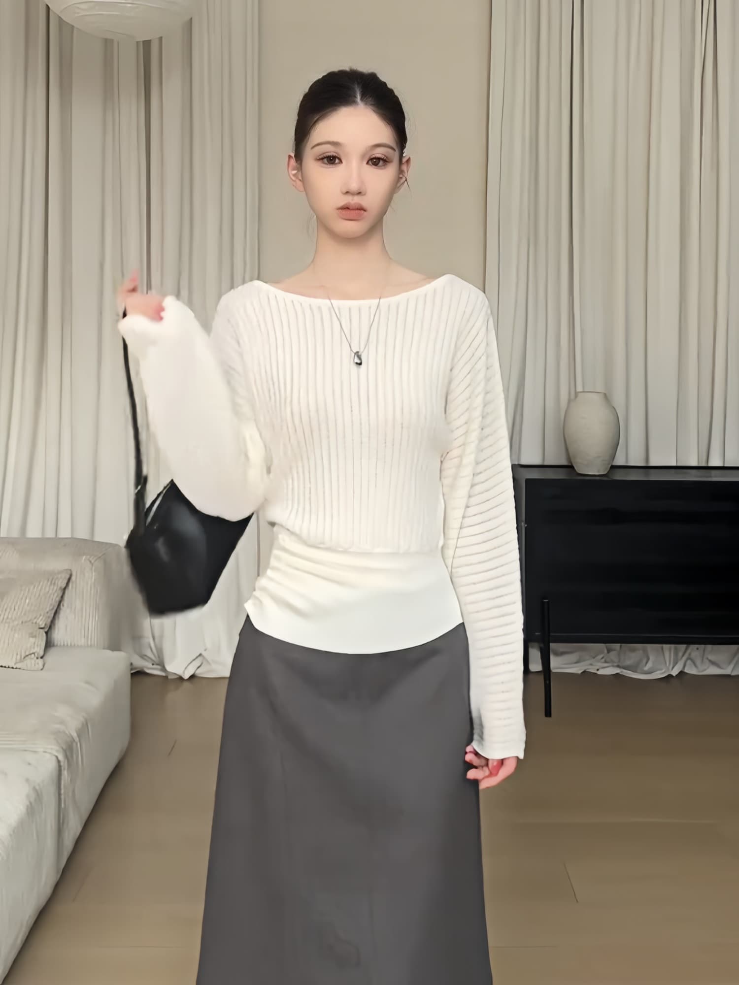 있음 도착 프랑스식 부드러운 바람 오프숄더 디자인 센스 니트 스웨터 여성 이른 가을 한 부서 풀오버 긴팔 품격 맨위 상세 이미지 9