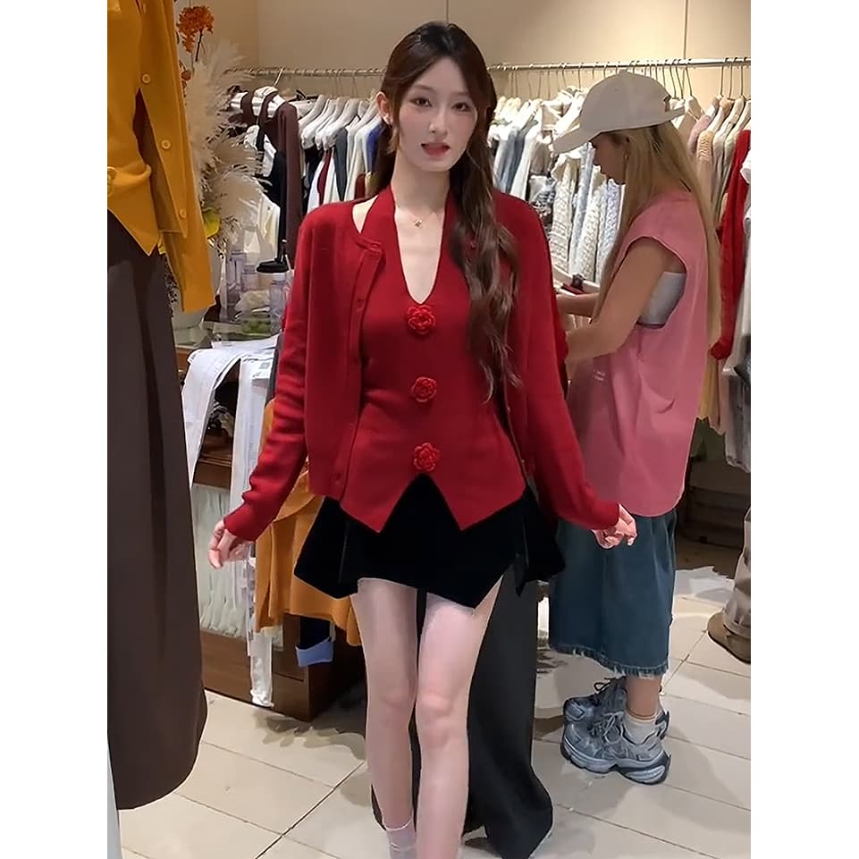 있음 도착 이른 가을 빨간색 니트 오픈 가디건 외부 가져 가라. 스웨터 여성 코트 가을 디자인 센스 작은 대중 세트 여성 상세 이미지 2