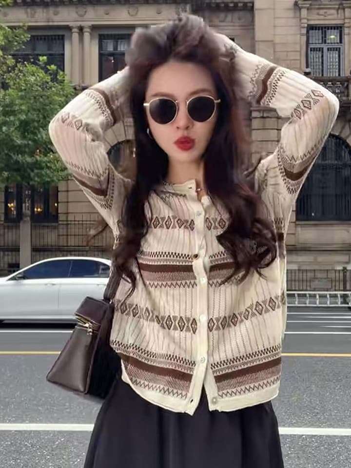 있음 도착 미니멀리즘 바람 라운드 넥 자카드 니트 오픈 가디건 여성 루즈핏 슬림해 보이는 고유 한 슈퍼 잘 생긴 싱글 줄 버튼 맨위 이미지 3