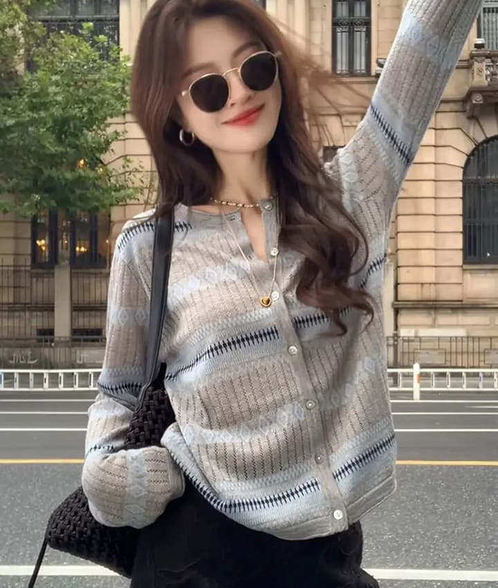있음 도착 미니멀리즘 바람 라운드 넥 자카드 니트 오픈 가디건 여성 루즈핏 슬림해 보이는 고유 한 슈퍼 잘 생긴 싱글 줄 버튼 맨위 상세 이미지 1
