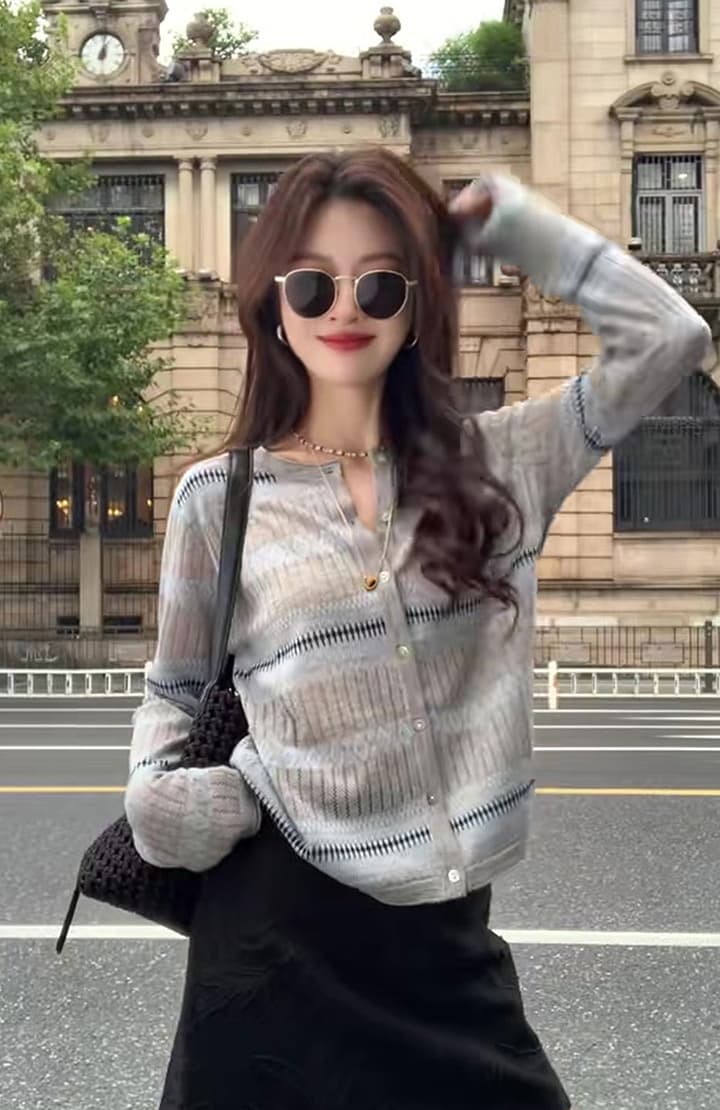 있음 도착 미니멀리즘 바람 라운드 넥 자카드 니트 오픈 가디건 여성 루즈핏 슬림해 보이는 고유 한 슈퍼 잘 생긴 싱글 줄 버튼 맨위 상세 이미지 2