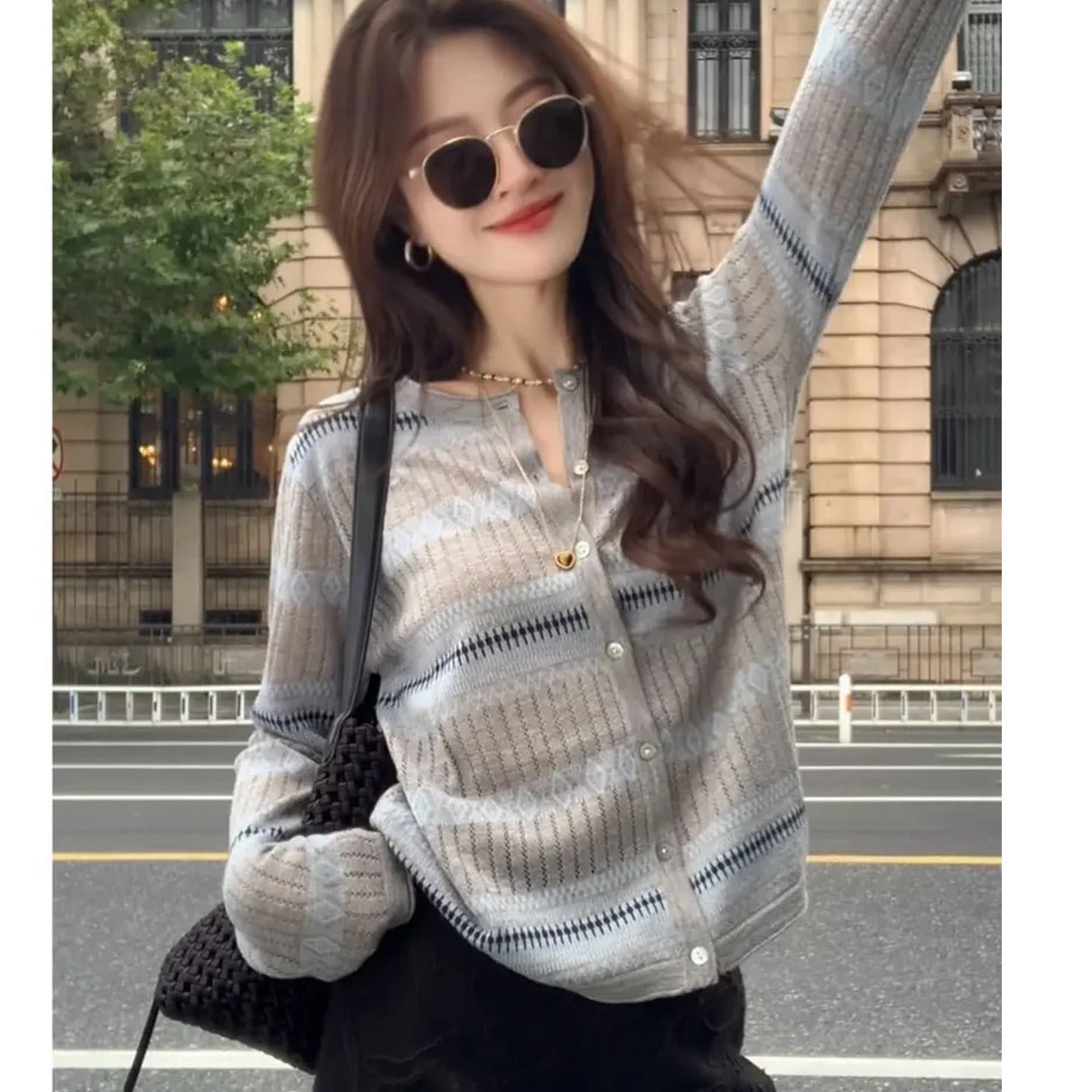 있음 도착 미니멀리즘 바람 라운드 넥 자카드 니트 오픈 가디건 여성 루즈핏 슬림해 보이는 고유 한 슈퍼 잘 생긴 싱글 줄 버튼 맨위 상세 이미지 6