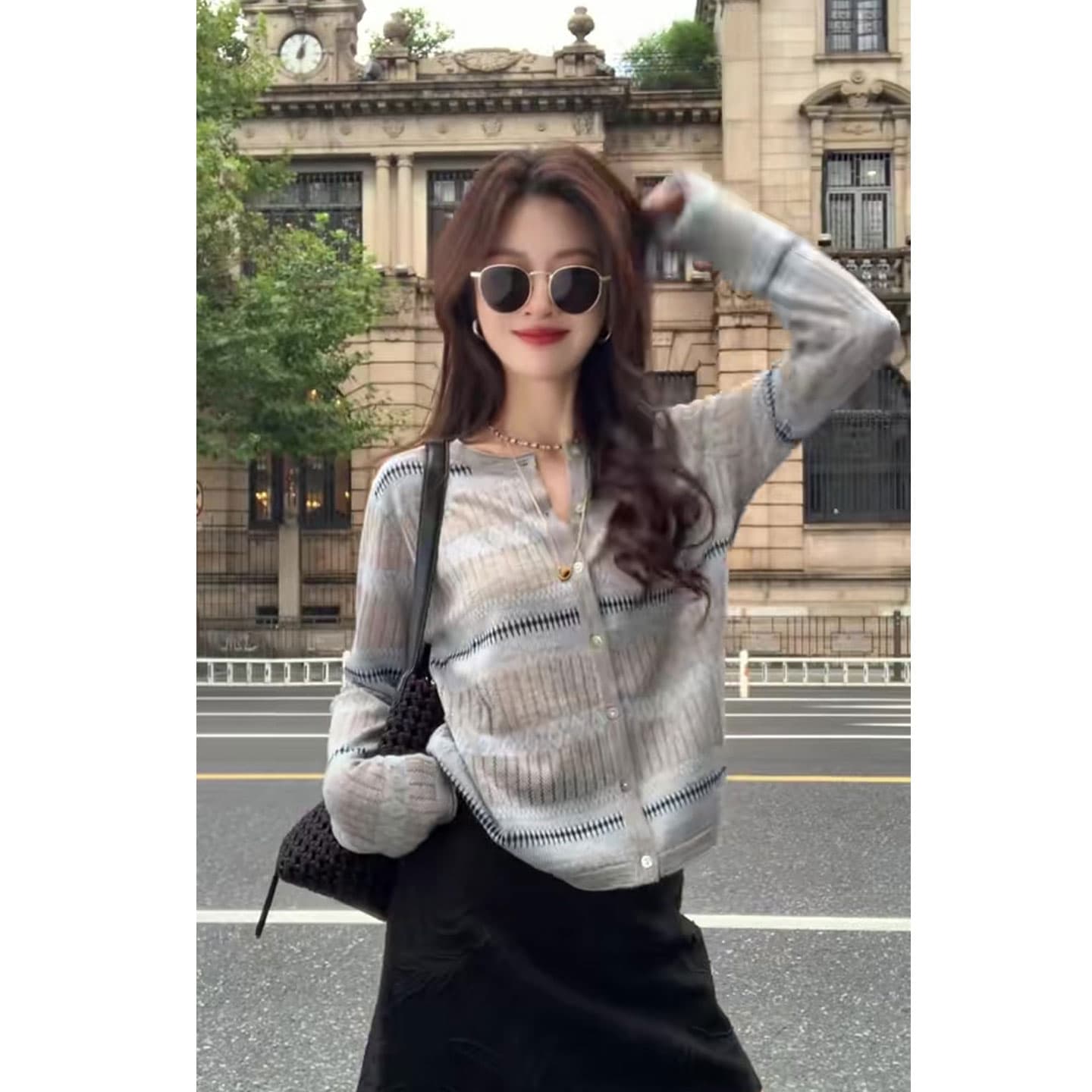 있음 도착 미니멀리즘 바람 라운드 넥 자카드 니트 오픈 가디건 여성 루즈핏 슬림해 보이는 고유 한 슈퍼 잘 생긴 싱글 줄 버튼 맨위 상세 이미지 8
