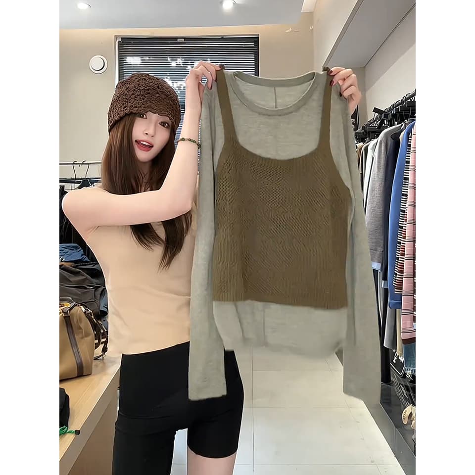 있음 도착 한 부서 홀로우 아웃 니트 슬립 단색 분위기 센스 풀오버 셔츠 다용도 스택 착용 투피스 세트 이미지 6