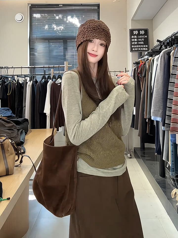 있음 도착 한 부서 홀로우 아웃 니트 슬립 단색 분위기 센스 풀오버 셔츠 다용도 스택 착용 투피스 세트 이미지 3
