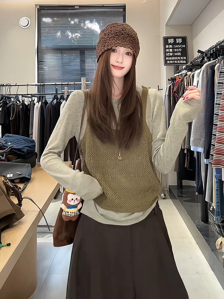 있음 도착 한 부서 홀로우 아웃 니트 슬립 단색 분위기 센스 풀오버 셔츠 다용도 스택 착용 투피스 세트 이미지 4