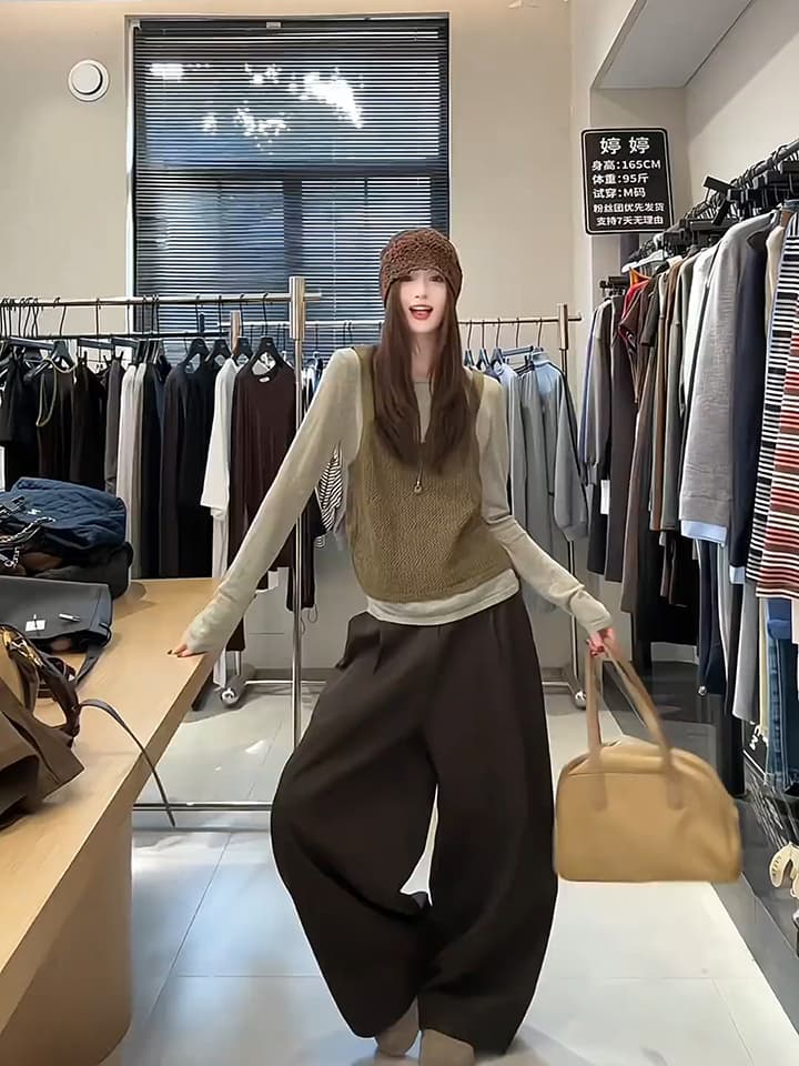 있음 도착 한 부서 홀로우 아웃 니트 슬립 단색 분위기 센스 풀오버 셔츠 다용도 스택 착용 투피스 세트 상세 이미지 1