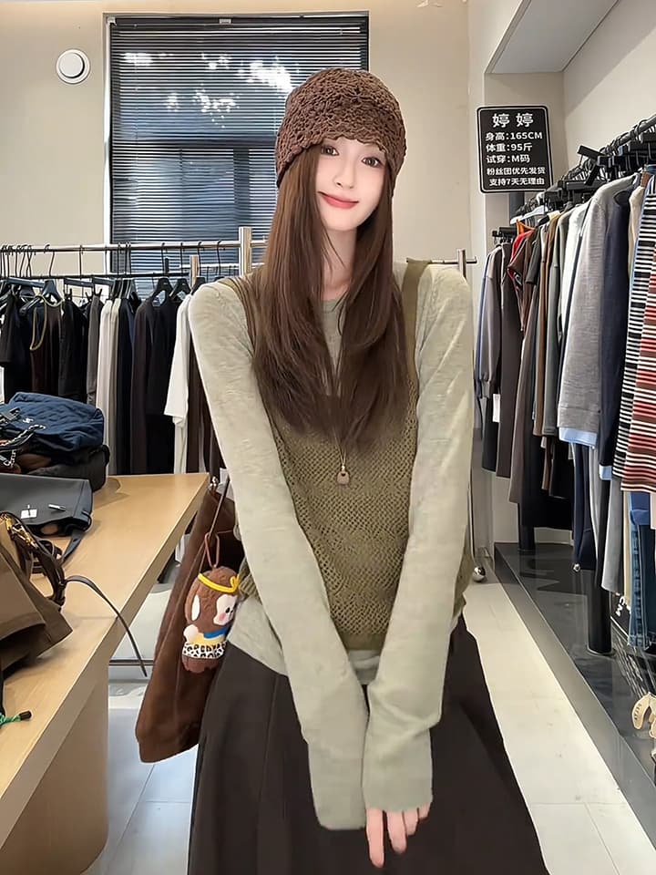 있음 도착 한 부서 홀로우 아웃 니트 슬립 단색 분위기 센스 풀오버 셔츠 다용도 스택 착용 투피스 세트 상세 이미지 4