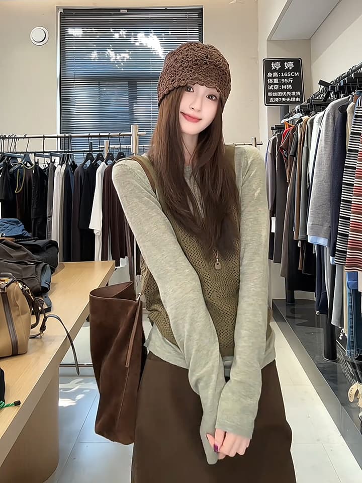 있음 도착 한 부서 홀로우 아웃 니트 슬립 단색 분위기 센스 풀오버 셔츠 다용도 스택 착용 투피스 세트 상세 이미지 6