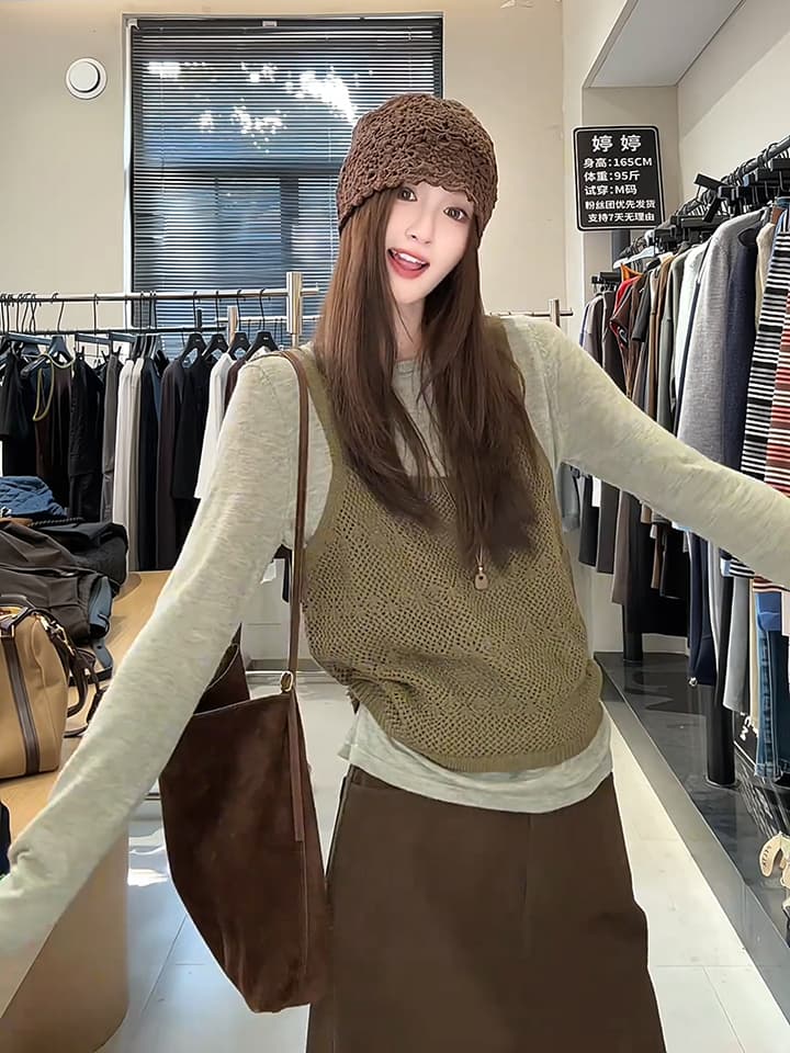 있음 도착 한 부서 홀로우 아웃 니트 슬립 단색 분위기 센스 풀오버 셔츠 다용도 스택 착용 투피스 세트 상세 이미지 7