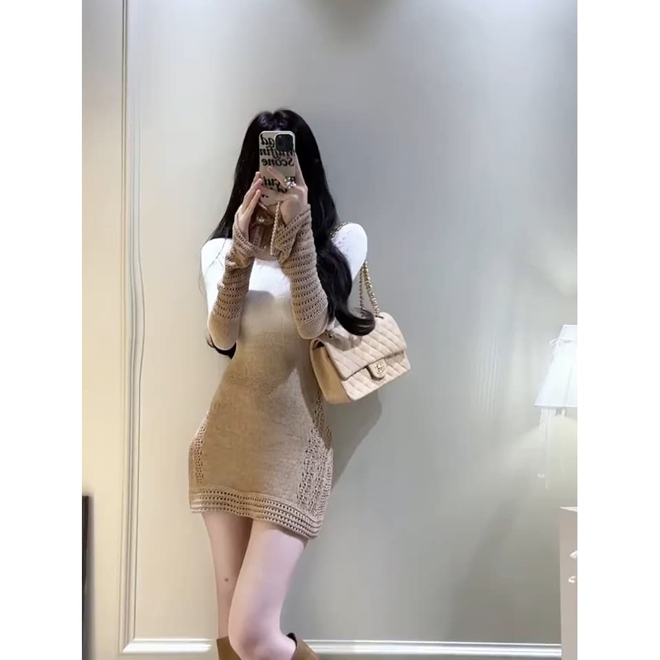 있음 도착 일몰 주황색 바다 아름다움 절대적으로 이른 가을 새로운 나팔 소매 그라데이션 염색 두꺼운 니트 여성 드레스 상세 이미지 1