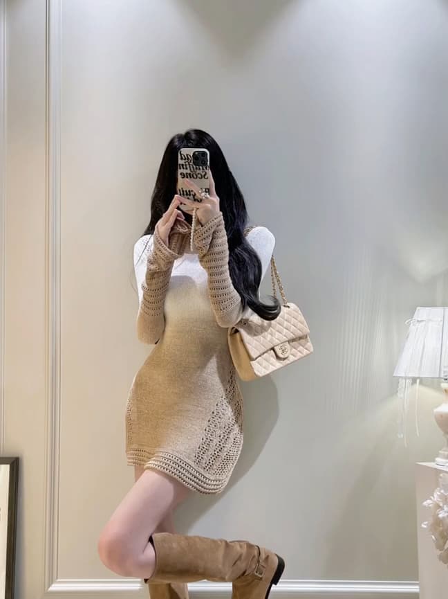 있음 도착 일몰 주황색 바다 아름다움 절대적으로 이른 가을 새로운 나팔 소매 그라데이션 염색 두꺼운 니트 여성 드레스 상세 이미지 2