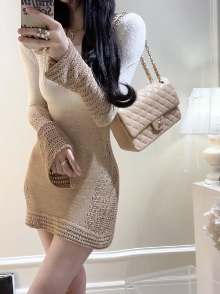 있음 도착 일몰 주황색 바다 아름다움 절대적으로 이른 가을 새로운 나팔 소매 그라데이션 염색 두꺼운 니트 여성 드레스 상세 이미지 3