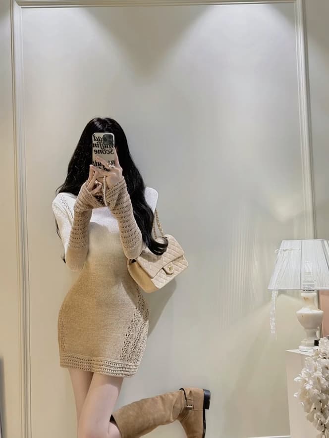 있음 도착 일몰 주황색 바다 아름다움 절대적으로 이른 가을 새로운 나팔 소매 그라데이션 염색 두꺼운 니트 여성 드레스 상세 이미지 5