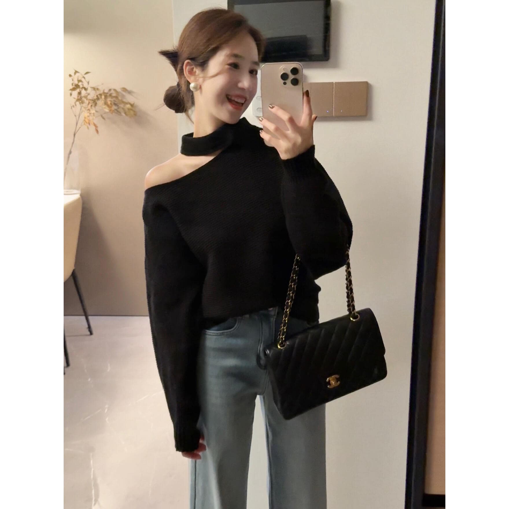 있음 도착 프랑스식 비스듬한 어깨 행침 목 니트 기본 셔츠 여성 가을 겨울 스웨터 인사이드 가져 가라. 품격 작은 맨위 여성 겨울 상세 이미지 5
