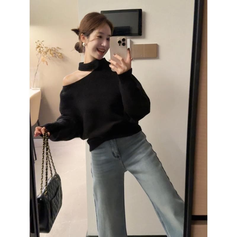 있음 도착 프랑스식 비스듬한 어깨 행침 목 니트 기본 셔츠 여성 가을 겨울 스웨터 인사이드 가져 가라. 품격 작은 맨위 여성 겨울 상세 이미지 8