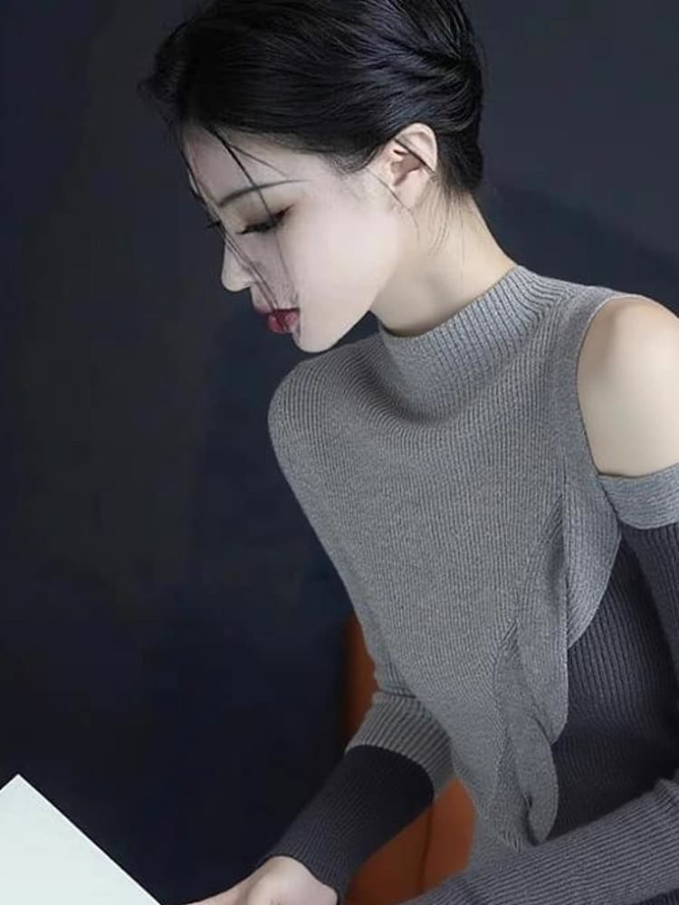 있음 도착 이른 가을 카키 색 반하이넥 불규칙 오프숄더 긴팔 티셔츠 여성 이른 가을 빛 요리 한 작은 대중 가을 겨울 이미지 4