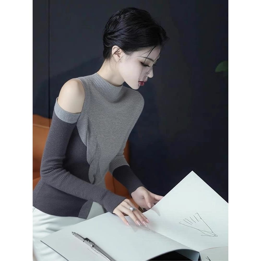 있음 도착 이른 가을 카키 색 반하이넥 불규칙 오프숄더 긴팔 티셔츠 여성 이른 가을 빛 요리 한 작은 대중 가을 겨울 이미지 6