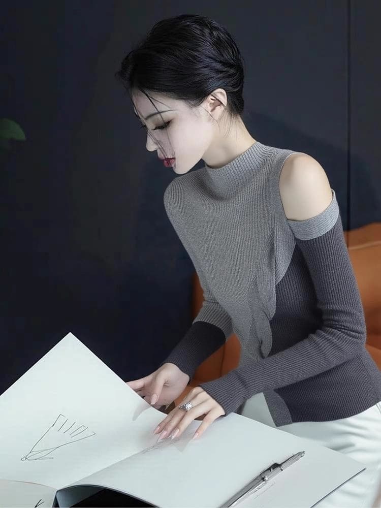 있음 도착 이른 가을 카키 색 반하이넥 불규칙 오프숄더 긴팔 티셔츠 여성 이른 가을 빛 요리 한 작은 대중 가을 겨울 이미지 5