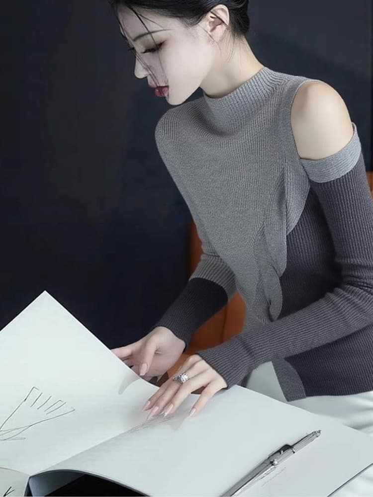 있음 도착 이른 가을 카키 색 반하이넥 불규칙 오프숄더 긴팔 티셔츠 여성 이른 가을 빛 요리 한 작은 대중 가을 겨울 상세 이미지 4