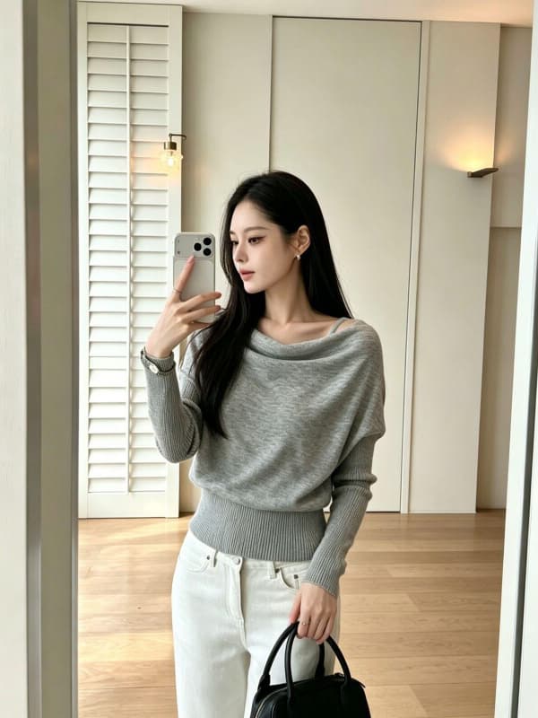 있음 도착 부드러운 지능 자매 오프숄더 비스듬한 어깨 흔들다 칼라 기타 착용 법 풀오버 느긋한 슬림해 보이는 니트 스웨터 이미지 5