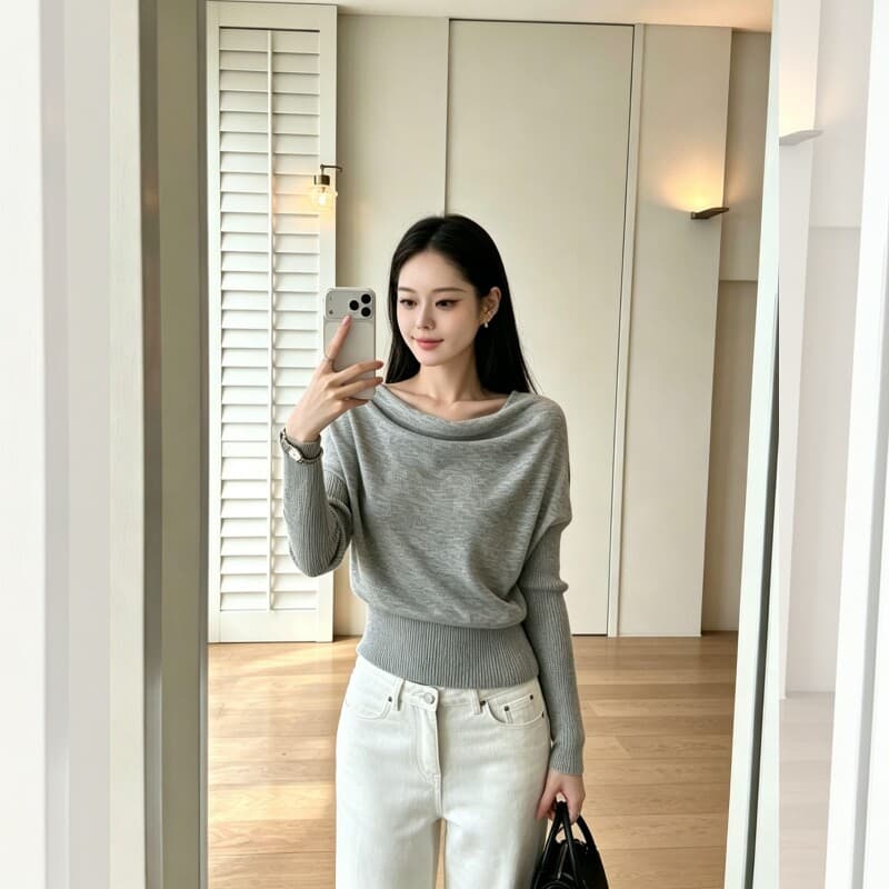 있음 도착 부드러운 지능 자매 오프숄더 비스듬한 어깨 흔들다 칼라 기타 착용 법 풀오버 느긋한 슬림해 보이는 니트 스웨터 상세 이미지 1