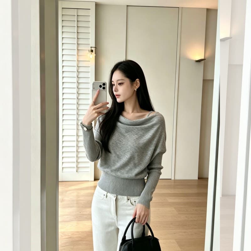 있음 도착 부드러운 지능 자매 오프숄더 비스듬한 어깨 흔들다 칼라 기타 착용 법 풀오버 느긋한 슬림해 보이는 니트 스웨터 상세 이미지 2